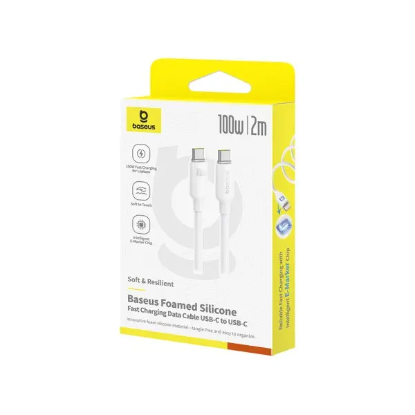 КАБЕЛЬ PD BASEUS FOAMED SILICONE TYPE-C TO TYPE-C 100W 2M, БІЛИЙ E0426705