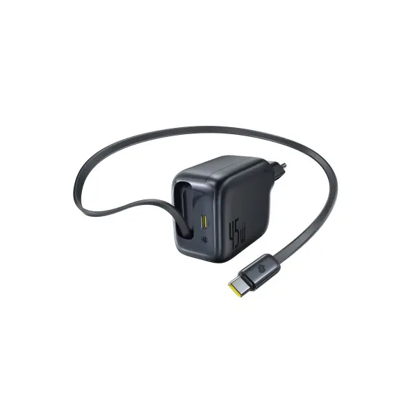 МЕРЕЖЕВИЙ ЗАРЯДНИЙ ПРИСТРІЙ BASEUS ENERCORE CJ11 FAST CHARGER WITH RETRACTABLE CABLE 2C 45W EU, ЧОРНИЙ E0120G00