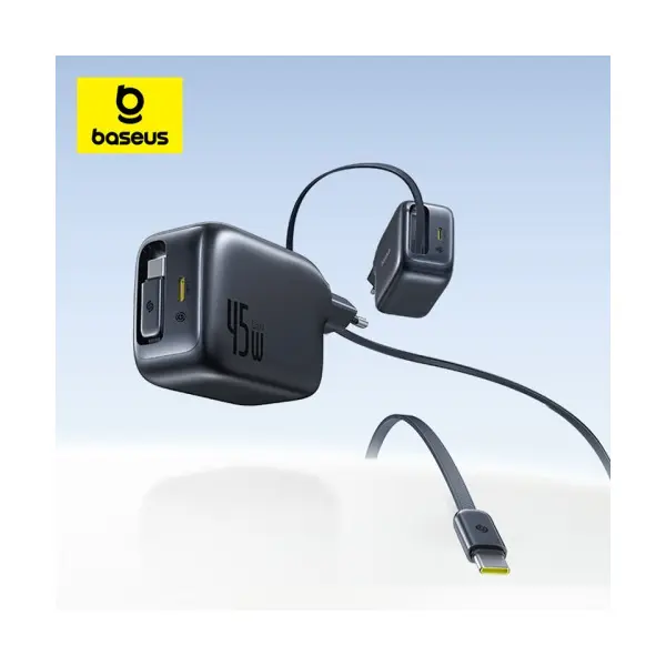 МЕРЕЖЕВИЙ ЗАРЯДНИЙ ПРИСТРІЙ BASEUS ENERCORE CJ11 FAST CHARGER WITH RETRACTABLE CABLE 2C 45W EU, ЧОРНИЙ E0120G00