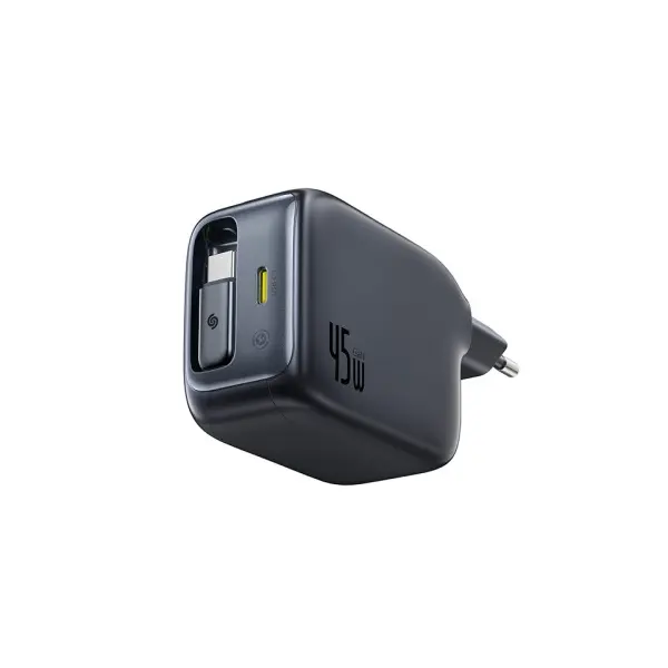 МЕРЕЖЕВИЙ ЗАРЯДНИЙ ПРИСТРІЙ BASEUS ENERCORE CJ11 FAST CHARGER WITH RETRACTABLE CABLE 2C 45W EU, ЧОРНИЙ E0120G00