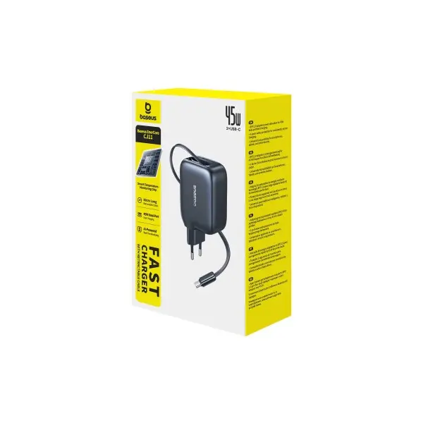 МЕРЕЖЕВИЙ ЗАРЯДНИЙ ПРИСТРІЙ BASEUS ENERCORE CJ11 FAST CHARGER WITH RETRACTABLE CABLE 2C 45W EU, ЧОРНИЙ E0120G00