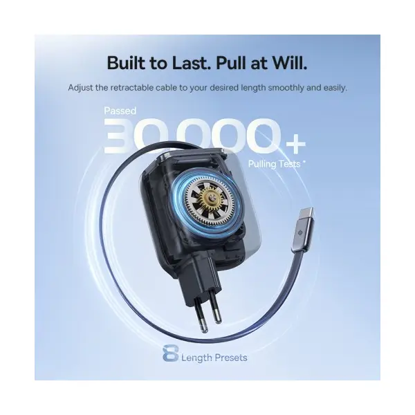 МЕРЕЖЕВИЙ ЗАРЯДНИЙ ПРИСТРІЙ BASEUS ENERCORE CJ11 FAST CHARGER WITH RETRACTABLE CABLE 3C 67W EU, ЧОРНИЙ E0121E00