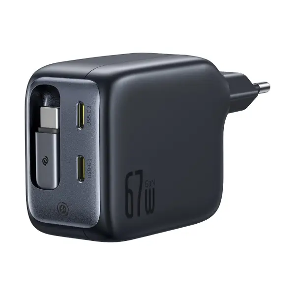 МЕРЕЖЕВИЙ ЗАРЯДНИЙ ПРИСТРІЙ BASEUS ENERCORE CJ11 FAST CHARGER WITH RETRACTABLE CABLE 3C 67W EU, ЧОРНИЙ E0121E00