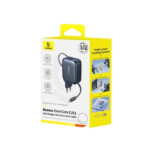 МЕРЕЖЕВИЙ ЗАРЯДНИЙ ПРИСТРІЙ BASEUS ENERCORE CJ11 FAST CHARGER WITH RETRACTABLE CABLE 3C 67W EU, ЧОРНИЙ E0121E00