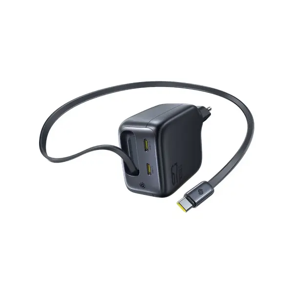 МЕРЕЖЕВИЙ ЗАРЯДНИЙ ПРИСТРІЙ BASEUS ENERCORE CJ11 FAST CHARGER WITH RETRACTABLE CABLE 3C 67W EU, ЧОРНИЙ E0121E00