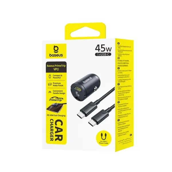АВТОМОБІЛЬНИЙ ЗАРЯДНИЙ ПРИСТРІЙ BASEUS PRIMETRIP VP2 CAR CHARGER 45W (WITH CABLE TYPE-C TO TYPE-C, 60W, 1M), C0206800, ЧОРНИЙ