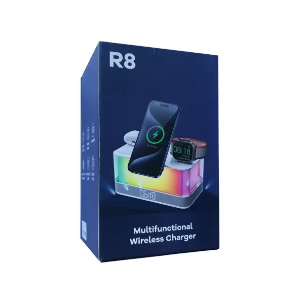 ЗАРЯДНА СТАНЦІЯ, КОЛОНКА 5IN1 R8 (IPHONE, IWATCH, AIRPODS,ALARM CLOCK, LED LAMP) ORIGINAL, БІЛИЙ