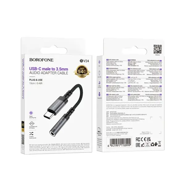MR4_152003 Адаптер borofone bv24 graceful digital audio converter cable type-c to 3.5mm, сірий металік 