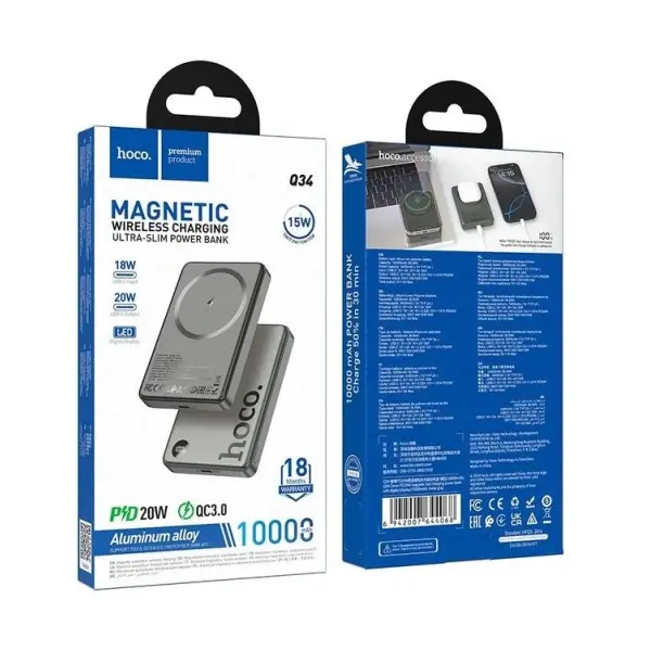 MR4_151840 Зовнішній акумулятор power bank hoco q34 clever pd20w magnetic fast charging with digital display 10 000mah metal, сірий 