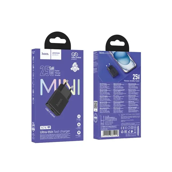 МЕРЕЖЕВИЙ ЗАРЯДНИЙ ПРИСТРІЙ HOCO N74 SPEED SINGLE-PORT PD25W ULTRA-THIN CHARGER (EU), ЧОРНИЙ