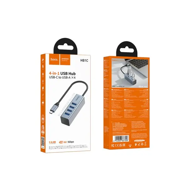 MR4_152116 Хаб hub hoco hb1c 4in1 converter (type-c to usb3.0*4) metal, сірий 