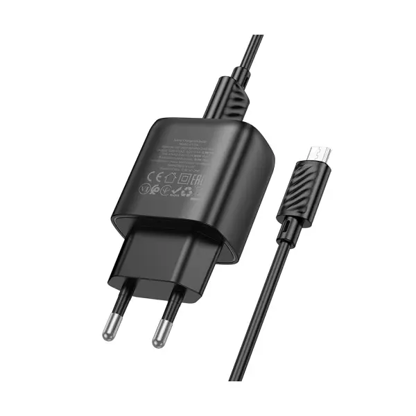 MR4_152123 Мережевий зарядний пристрій hoco c141a smart dual-port charger set 5v, 2.1a +micro, чорний 