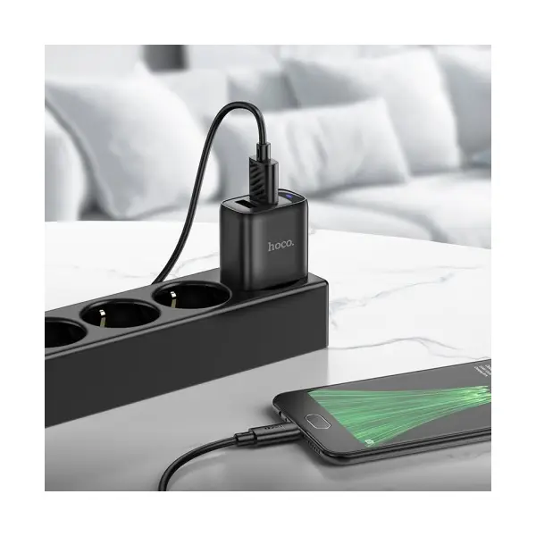MR4_152123 Мережевий зарядний пристрій hoco c141a smart dual-port charger set 5v, 2.1a +micro, чорний 