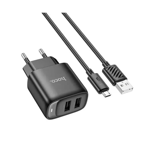 MR4_152123 Мережевий зарядний пристрій hoco c141a smart dual-port charger set 5v, 2.1a +micro, чорний 