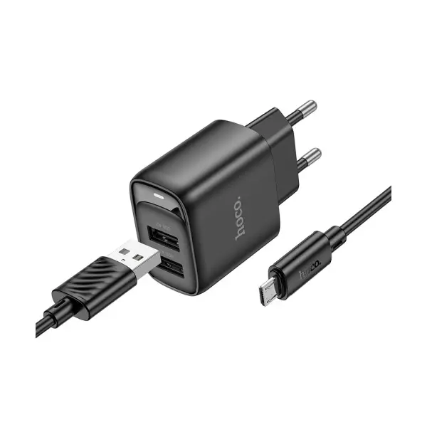 MR4_152123 Мережевий зарядний пристрій hoco c141a smart dual-port charger set 5v, 2.1a +micro, чорний 