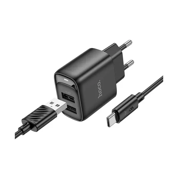 MR4_152124 Мережевий зарядний пристрій hoco c141a smart dual-port charger set 5v, 2.1a + type-c cable, чорний 
