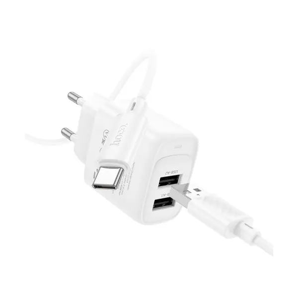 МЕРЕЖЕВИЙ ЗАРЯДНИЙ ПРИСТРІЙ HOCO C141A SMART DUAL-PORT CHARGER SET 5V, 2.1A + TYPE-C CABLE, БІЛИЙ