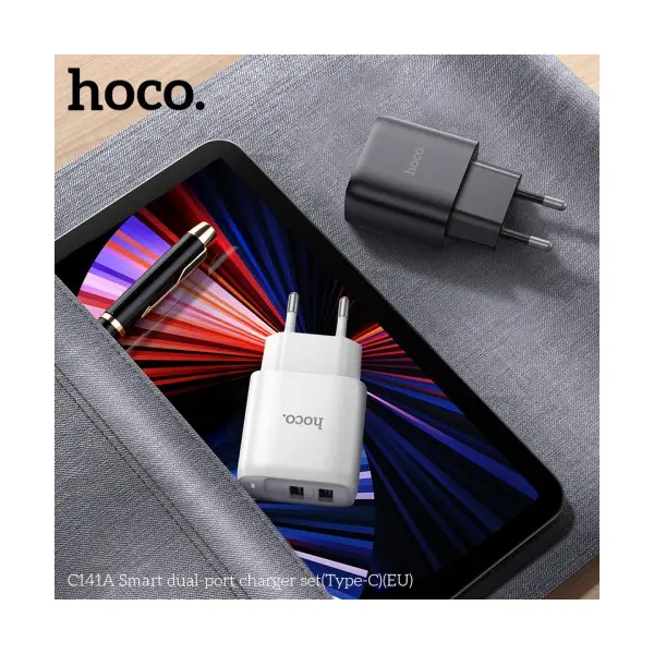 МЕРЕЖЕВИЙ ЗАРЯДНИЙ ПРИСТРІЙ HOCO C141A SMART DUAL-PORT CHARGER SET 5V, 2.1A + TYPE-C CABLE, БІЛИЙ