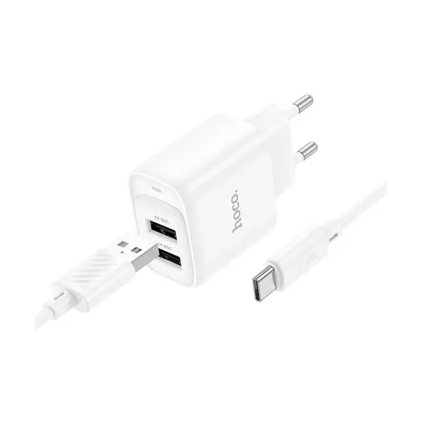 МЕРЕЖЕВИЙ ЗАРЯДНИЙ ПРИСТРІЙ HOCO C141A SMART DUAL-PORT CHARGER SET 5V, 2.1A + TYPE-C CABLE, БІЛИЙ