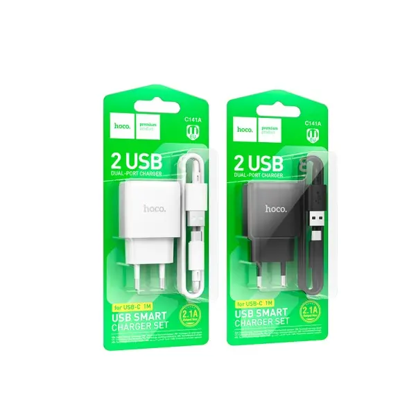 МЕРЕЖЕВИЙ ЗАРЯДНИЙ ПРИСТРІЙ HOCO C141A SMART DUAL-PORT CHARGER SET 5V, 2.1A + TYPE-C CABLE, БІЛИЙ