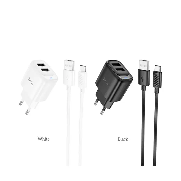 МЕРЕЖЕВИЙ ЗАРЯДНИЙ ПРИСТРІЙ HOCO C141A SMART DUAL-PORT CHARGER SET 5V, 2.1A + TYPE-C CABLE, БІЛИЙ