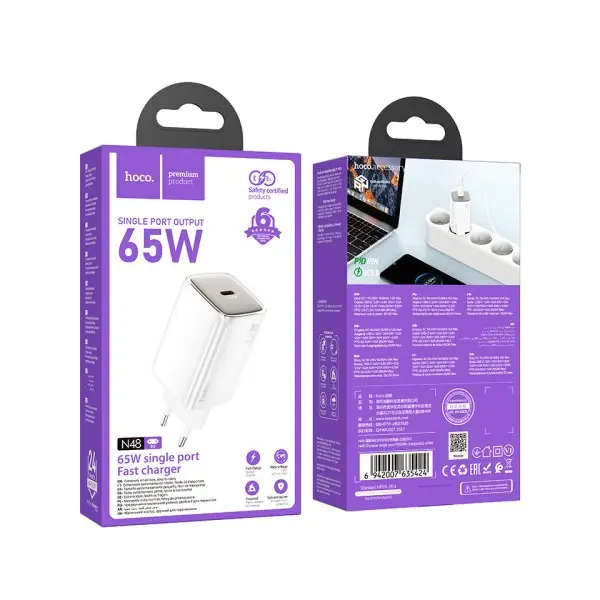 МЕРЕЖЕВИЙ ЗАРЯДНИЙ ПРИСТРІЙ HOCO N48 GLORIOUS SINGLE PORT PD65W CHARGER (EU), БІЛИЙ