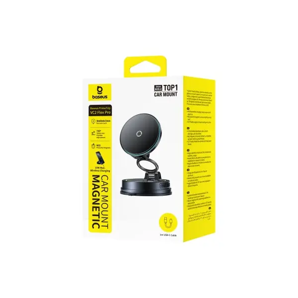 БЕЗДРОТОВИЙ АВТОМОБІЛЬНИЙ ЗАРЯДНИЙ ПРИСТРІЙ PRIMETRIP VC2 FLEX PRO MAGNETIC WIRELESS SUCTION CUP VERSION, ЧОРНИЙ C0013F01