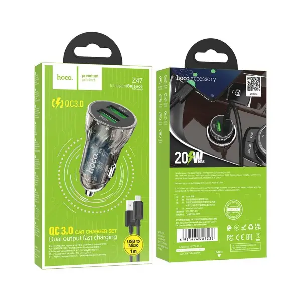 АВТОМОБІЛЬНИЙ ЗАРЯДНИЙ ПРИСТРІЙ HOCO Z47 TRANSPARENT DISCOVERY EDITION 2USB, 20W, QC3.0 + MICRO CABLE, ЧОРНИЙ