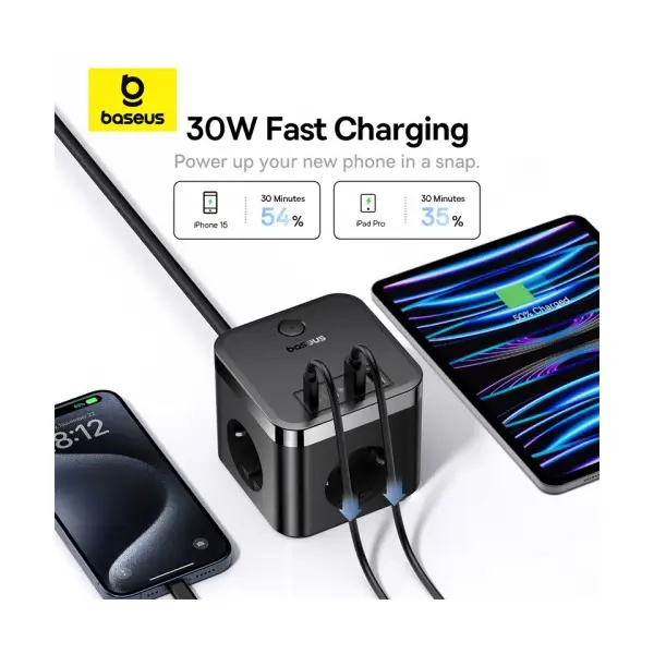 MR4_152080 Мережевий зарядний пристрій baseus powercombo cube power strip 3ac+2u+2c 30w 1.5m eu, чорний e00066400117-00 