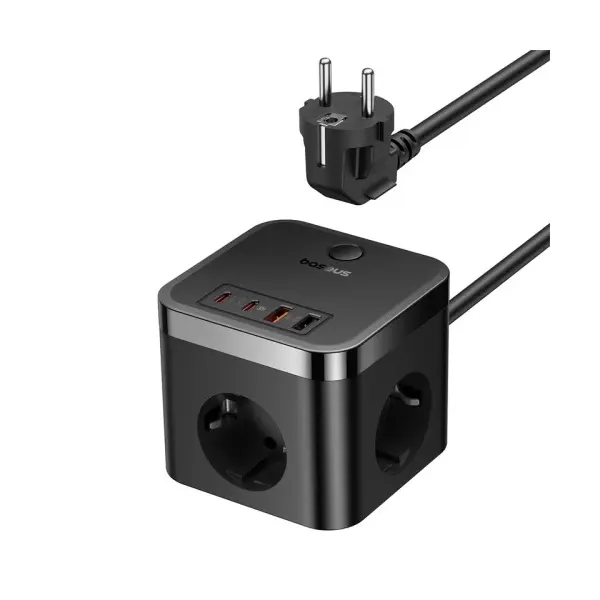 МЕРЕЖЕВИЙ ЗАРЯДНИЙ ПРИСТРІЙ BASEUS POWERCOMBO CUBE POWER STRIP 3AC+2U+2C 30W 1.5M EU, ЧОРНИЙ E00066400117-00