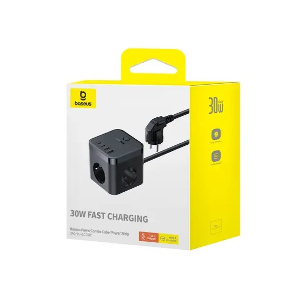 МЕРЕЖЕВИЙ ЗАРЯДНИЙ ПРИСТРІЙ BASEUS POWERCOMBO CUBE POWER STRIP 3AC+2U+2C 30W 1.5M EU, ЧОРНИЙ E00066400117-00