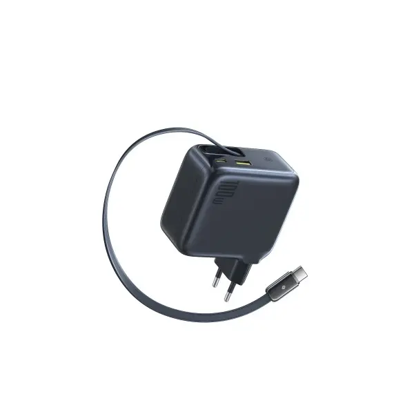 МЕРЕЖЕВИЙ ЗАРЯДНИЙ ПРИСТРІЙ BASEUS ENERCORE CJ11 FAST CHARGER WITH RETRACTABLE CABLE 2C+U 100W, ЧОРНИЙ E0120M00