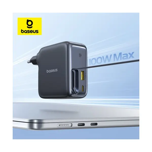 МЕРЕЖЕВИЙ ЗАРЯДНИЙ ПРИСТРІЙ BASEUS ENERCORE CJ11 FAST CHARGER WITH RETRACTABLE CABLE 2C+U 100W, ЧОРНИЙ E0120M00