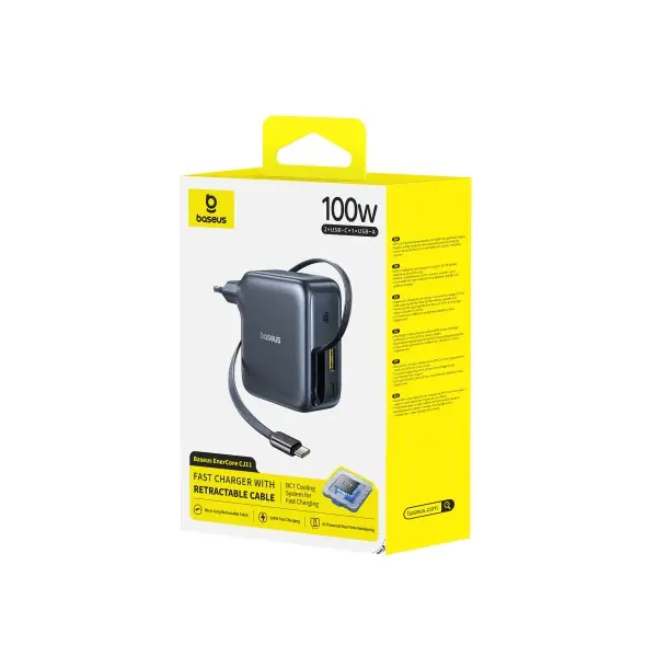 МЕРЕЖЕВИЙ ЗАРЯДНИЙ ПРИСТРІЙ BASEUS ENERCORE CJ11 FAST CHARGER WITH RETRACTABLE CABLE 2C+U 100W, ЧОРНИЙ E0120M00