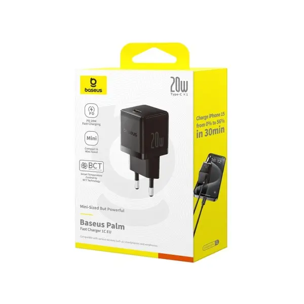 МЕРЕЖЕВИЙ ЗАРЯДНИЙ ПРИСТРІЙ BASEUS PALM FAST CHARGER 1C 20W CABLE TYPE-C TO LIGHTNING, ЧОРНИЙ E0116401