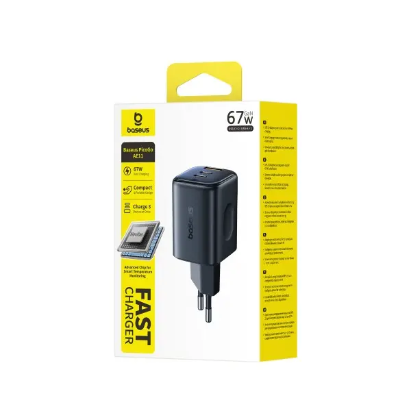 МЕРЕЖЕВИЙ ЗАРЯДНИЙ ПРИСТРІЙ BASEUS PICOGO AE11 FAST CHARGER 2C+U 67W, ЧОРНИЙ E0121200