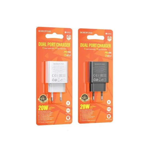МЕРЕЖЕВИЙ ЗАРЯДНИЙ ПРИСТРІЙ BOROFONE BA88A PD20W, QC3.0, ЧОРНИЙ