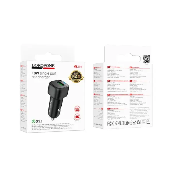 АВТОМОБІЛЬНИЙ ЗАРЯДНИЙ ПРИСТРІЙ BOROFONE BZ34 CLOUD SINGLE PORT QC3.0, ЧОРНИЙ