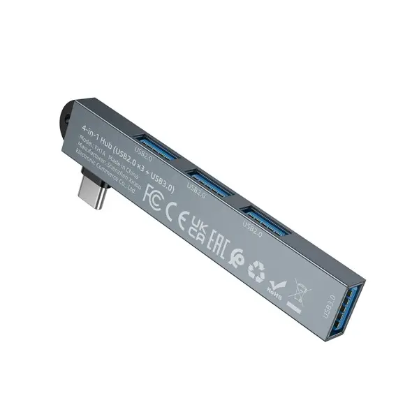 ХАБ HUB TYPE-C (PD)-HUB BOROFONE FH1A 4IN1 CONVERTER (TYPE-C TO USB2.0*3+USB3.0) METAL, СІРИЙ