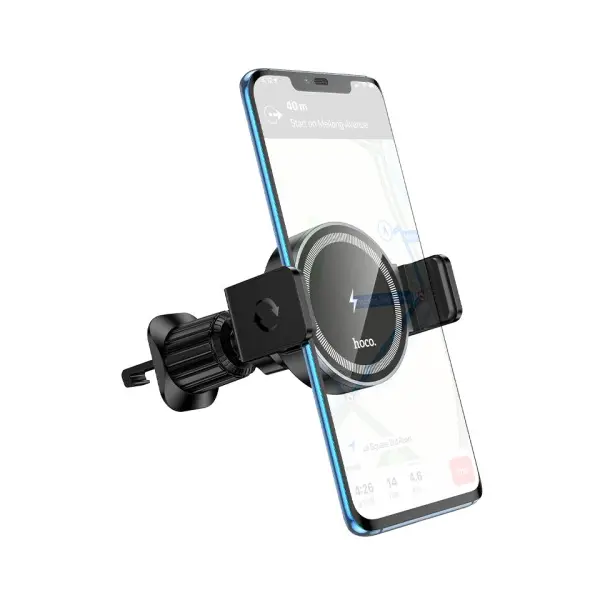 БЕЗДРОТОВИЙ АВТОМОБІЛЬНИЙ ЗАРЯДНИЙ ПРИСТРІЙ HOCO HW32 CROWN PUSH-TYPE WIRELESS CHARGING CAR HOLDER (CENTER CONSOLE), ЧОРНИЙ METAL