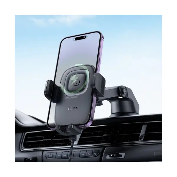 MR4_152314 Бездротовий автомобільний зарядний пристрій hoco hw32 crown push-type wireless charging car holder (center console), чорний metal HOCO
