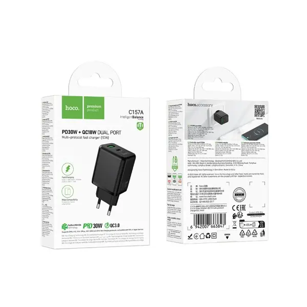 МЕРЕЖЕВИЙ ЗАРЯДНИЙ ПРИСТРІЙ HOCO C157A SMART PD30W, QC3.0, MULTI-PROTOCOL CHARGER (EU), ЧОРНИЙ
