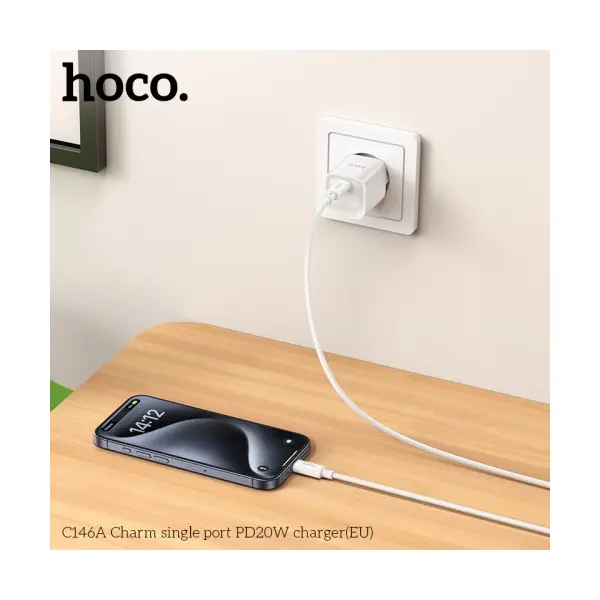 МЕРЕЖЕВИЙ ЗАРЯДНИЙ ПРИСТРІЙ HOCO C146A CHARM SINGLE PORT PD20W CHARGER, БІЛИЙ