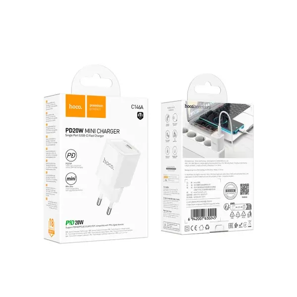 МЕРЕЖЕВИЙ ЗАРЯДНИЙ ПРИСТРІЙ HOCO C146A CHARM SINGLE PORT PD20W CHARGER, БІЛИЙ