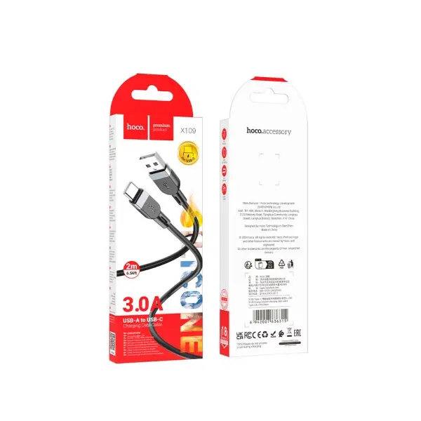 MR4_152309 Кабель hoco x109 energy silicone charging data cable type-c, 3a, 2m, чорний 