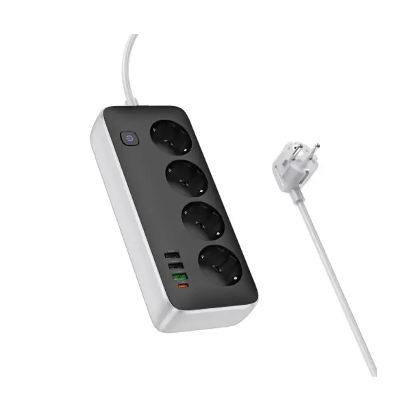 МЕРЕЖЕВИЙ ПОДОВЖУВАЧ HOCO AC22 SUNLIGHT 4-BIT (PD30W, 1C3A) DESKTOP SOCKET (EU, GER), (L=3M), ЧОРНИЙ