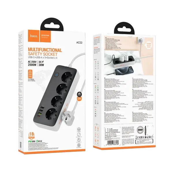 MR4_152311 Мережевий подовжувач hoco ac22 sunlight 4-bit (pd30w, 1c3a) desktop socket (eu, ger), (l=3m), чорний 