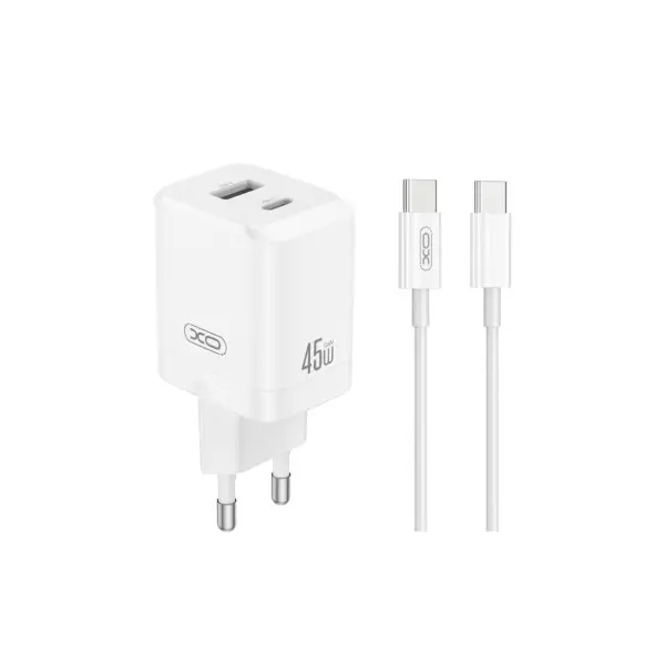 МЕРЕЖЕВИЙ ЗАРЯДНИЙ ПРИСТРІЙ XO CE36 (EU) 45W GAN FAST CHARGER (1TYPE-C 45W, 1USB-A18W) TYPE-C, БІЛИЙ