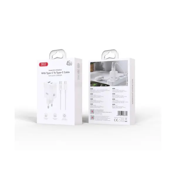 МЕРЕЖЕВИЙ ЗАРЯДНИЙ ПРИСТРІЙ XO CE36 (EU) 45W GAN FAST CHARGER (1TYPE-C 45W, 1USB-A18W) TYPE-C, БІЛИЙ