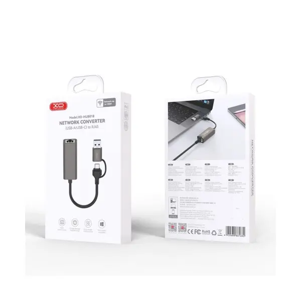 ХАБ HUB XO HUB018 USB-A TO TYPE-C 2IN1 RJ45 NETWORK CABLE CONVERTER 100M МАТОВИЙ